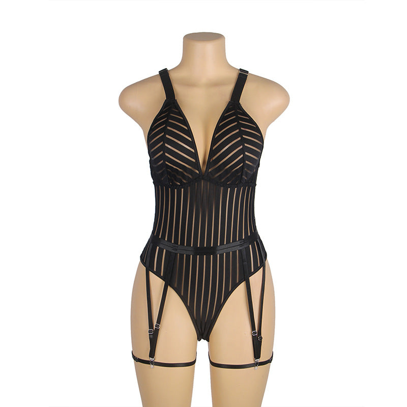 Sexy Pinstriped Lingerie Bodysuit with Garter Sets - Elite Intimates Lingerie