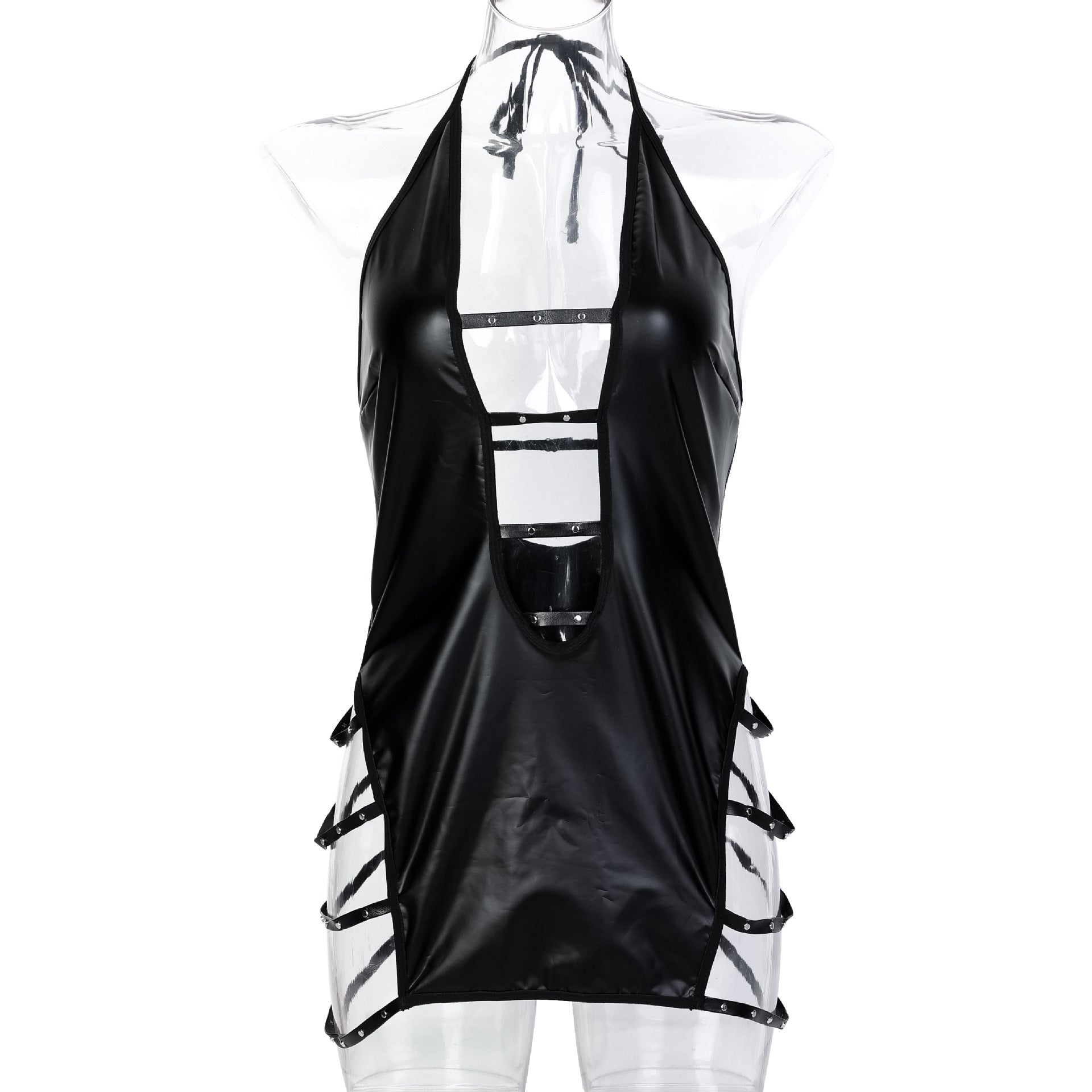 Faux Leather Cutout Halter V-Plunge Bodycon Dress