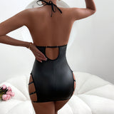 Faux Leather Cutout Halter V-Plunge Bodycon Dress back view