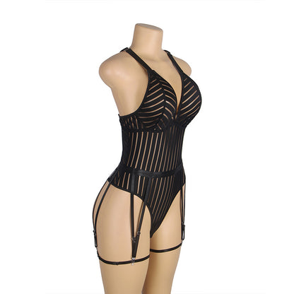 Sexy Pinstriped Lingerie Bodysuit with Garter Sets