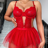 Scarlet Seduction: Lace Cutout Lingerie Set with Tulle Skirt
