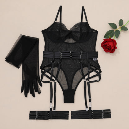 Sheer bodysuit with solid cups. comes with a layered strap garter belt and sheer elbow length gloves