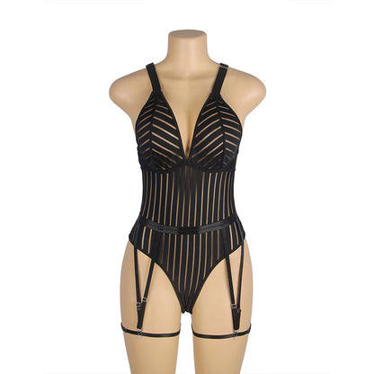 Sexy Pinstriped Lingerie Bodysuit with Garter Sets