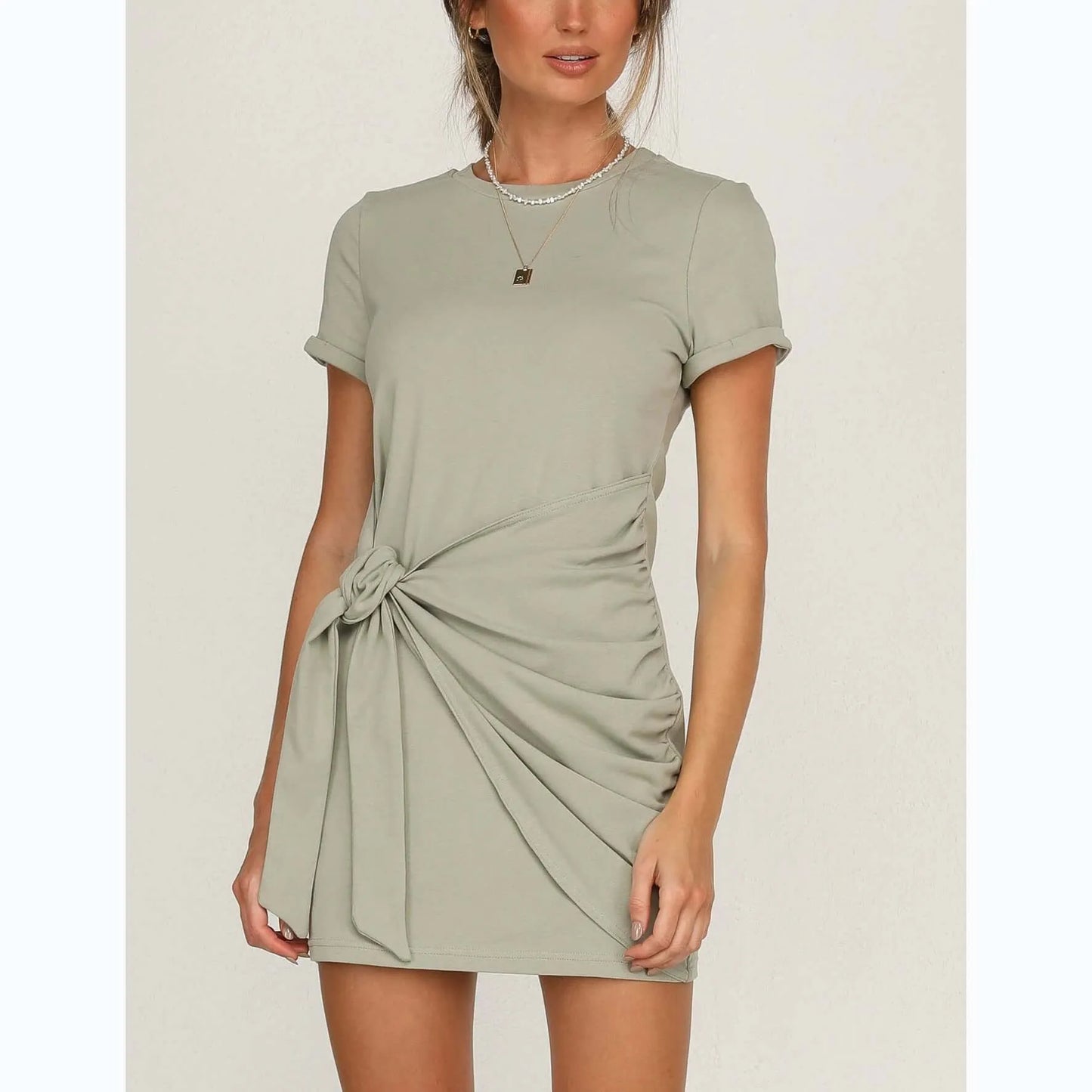 Light Green Casual Tied T-Shirt Dress 