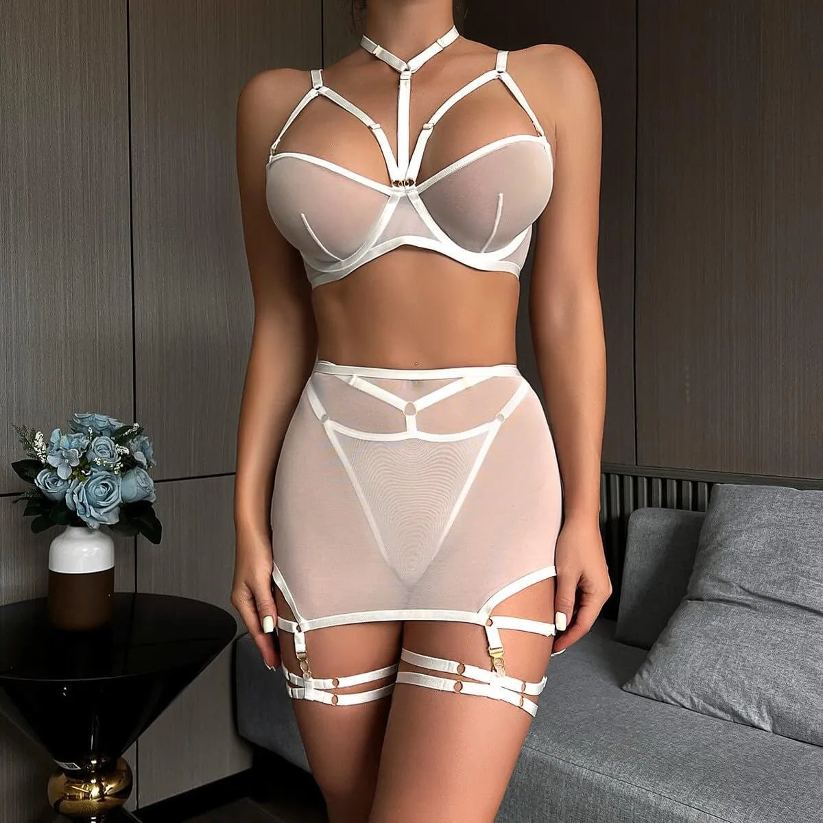 White Color Sheer Skirted Three Piece Lingerie Set