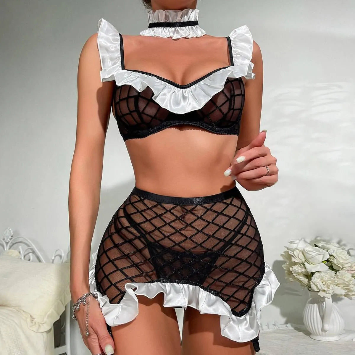 Black & White Mesh Maid Lingerie Set