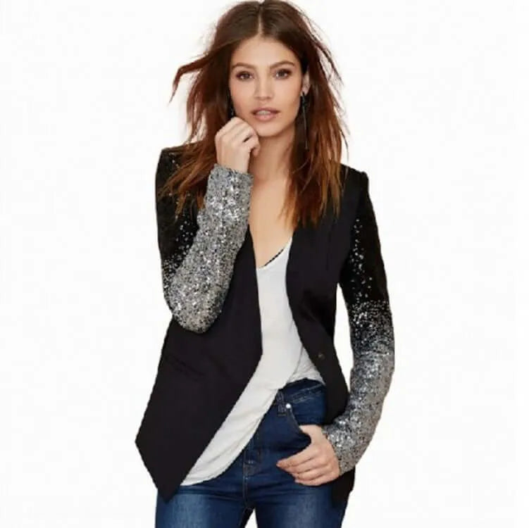 Party Wear Black Sequined Sleeve Casual Blazer