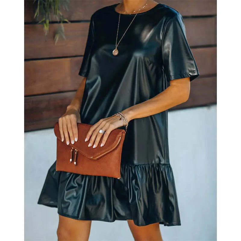 Ruffled Loose Faux Leather Dress - Elite_Intimates_Lingerie_Online