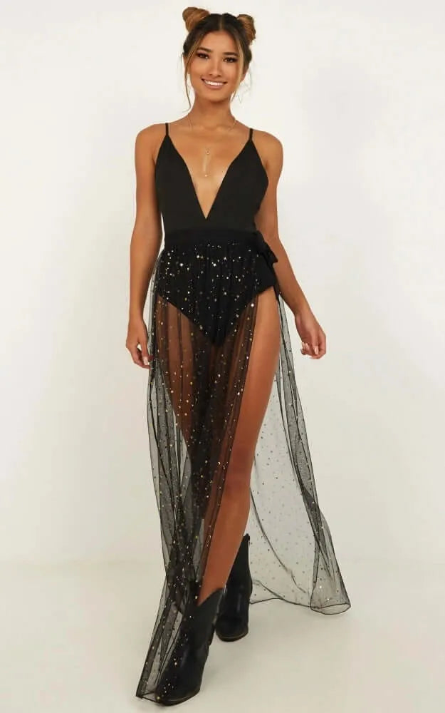 Low Cut Sparkling Black Tulle Dress For Women