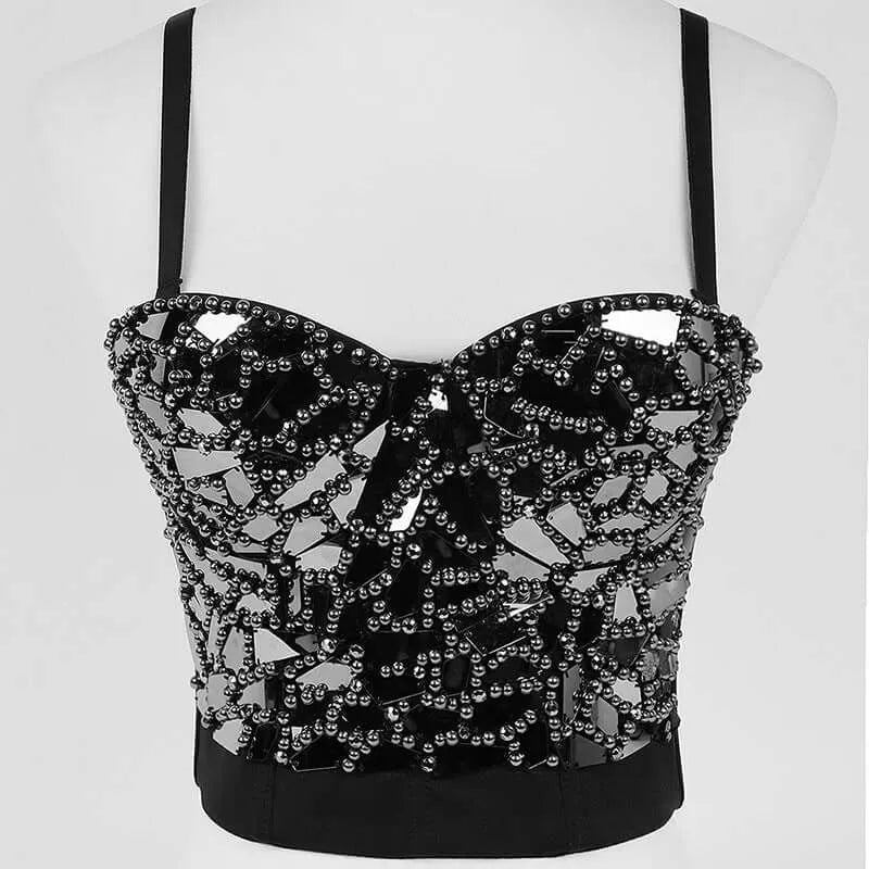 Golden Beaded Glass Sequined Short Corset - Elite Intimates Lingerie