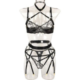 Black Color Caged Halter Hollow Out Three-Piece Lingerie Set For Women