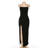 Black Color Slim Fit Backless Slit Dress