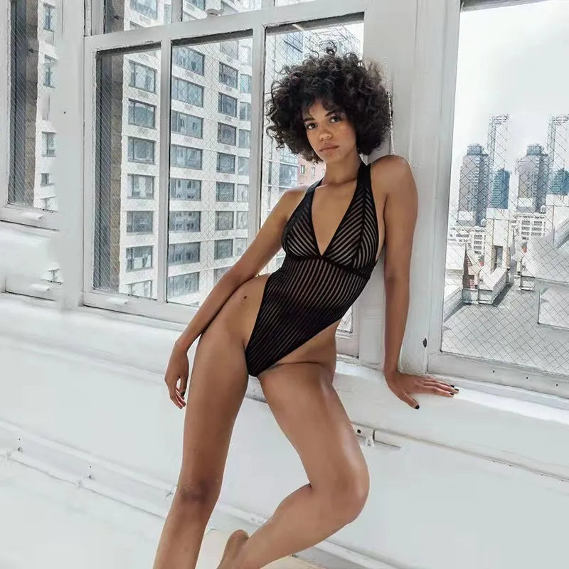 Striped Backless Halter Bodysuit - Elite Intimates Lingerie