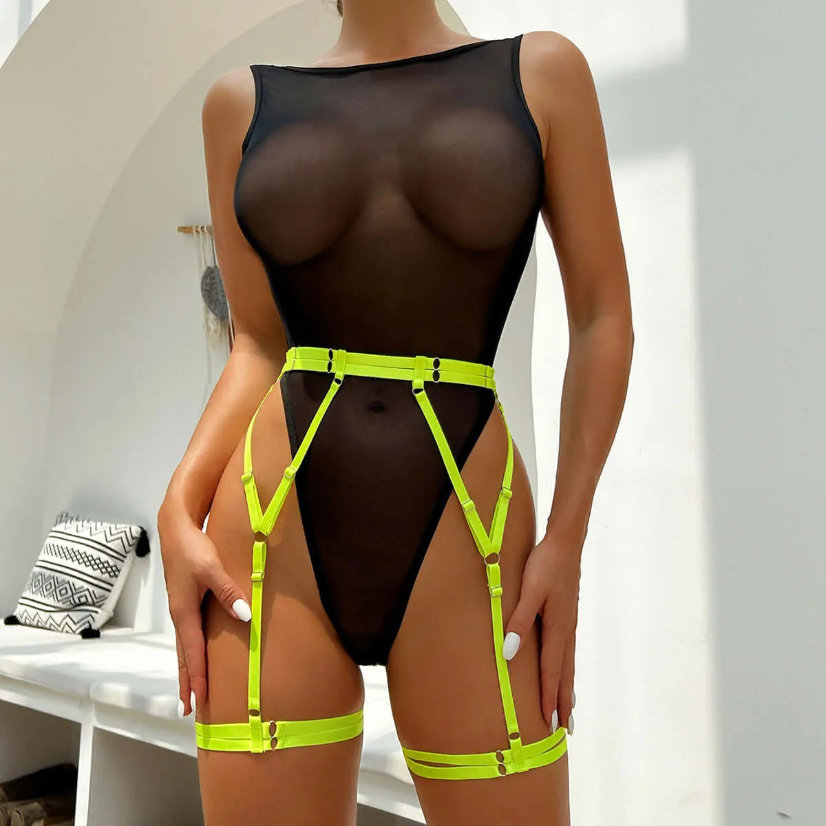 Mesh bodysuit with contrasting garter belt lingerie set - Elite_Intimates_Lingerie_Online