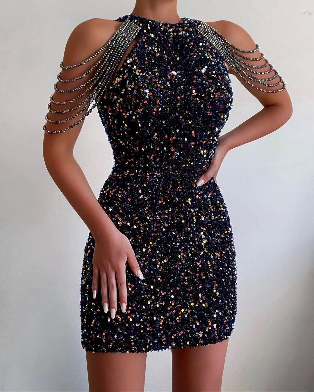 Crystal Halter Fringed Bodycon Dress - Elite Intimates Lingerie