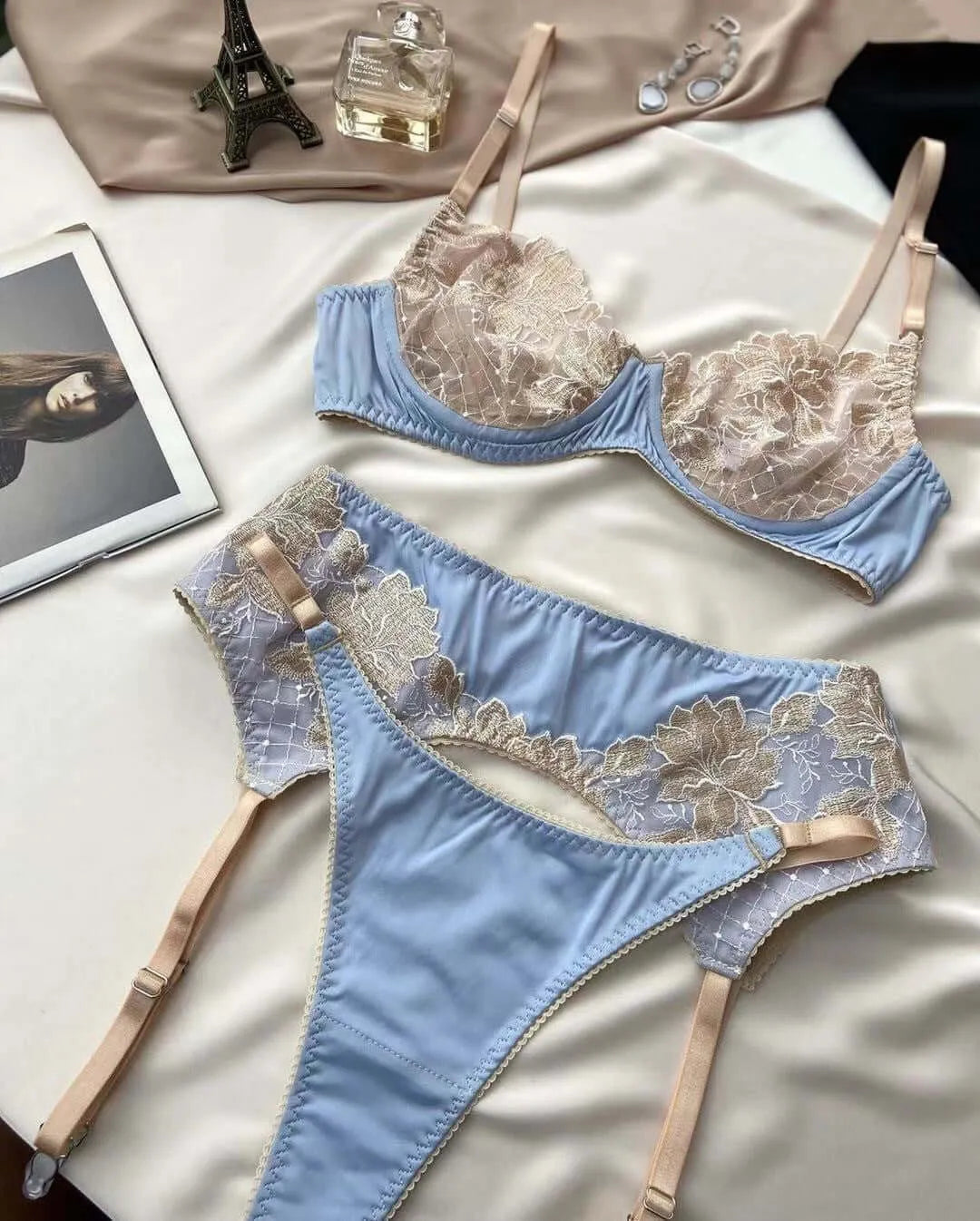 Classic Beauty in a Vintage-inspired Blue and Champagne Lace Lingerie Set