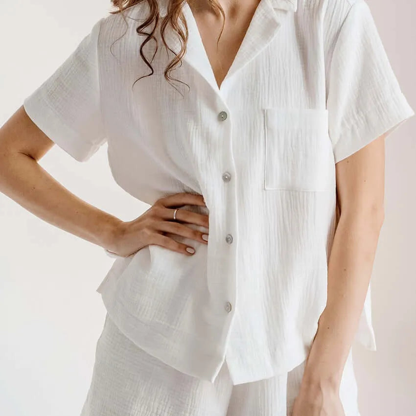 Lightweight Cotton Linen Button Up Shirt and Pant Pajama Set - Elite Intimates Lingerie