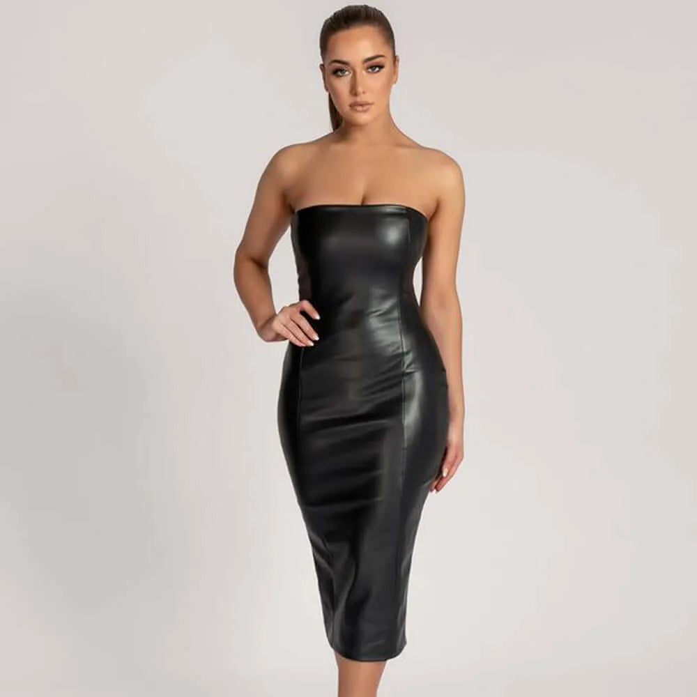 Faux Leather Tube Top Back Slit Sexy Midi Dress - Elite Intimates Lingerie