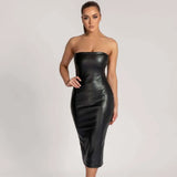 Sexy midi dress featuring a faux leather tube top and back slit