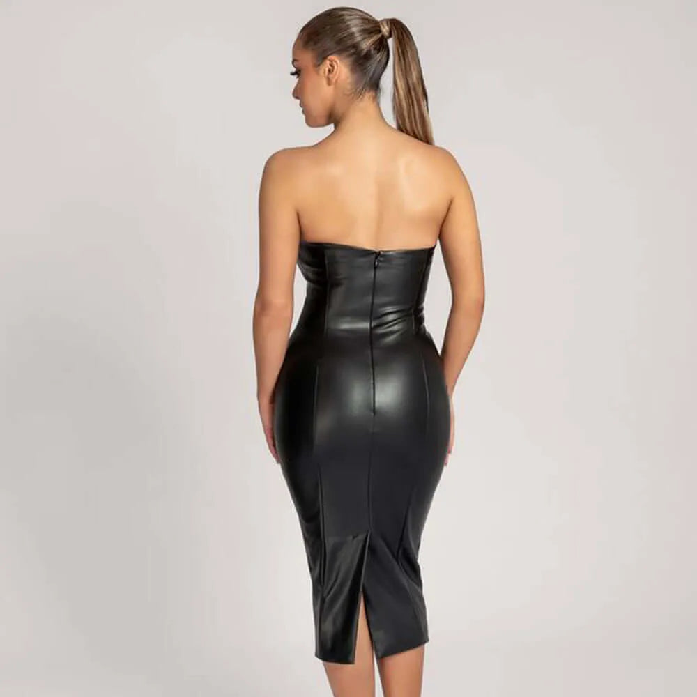 Faux Leather Tube Top Back Slit Sexy Midi Dress - Elite Intimates Lingerie
