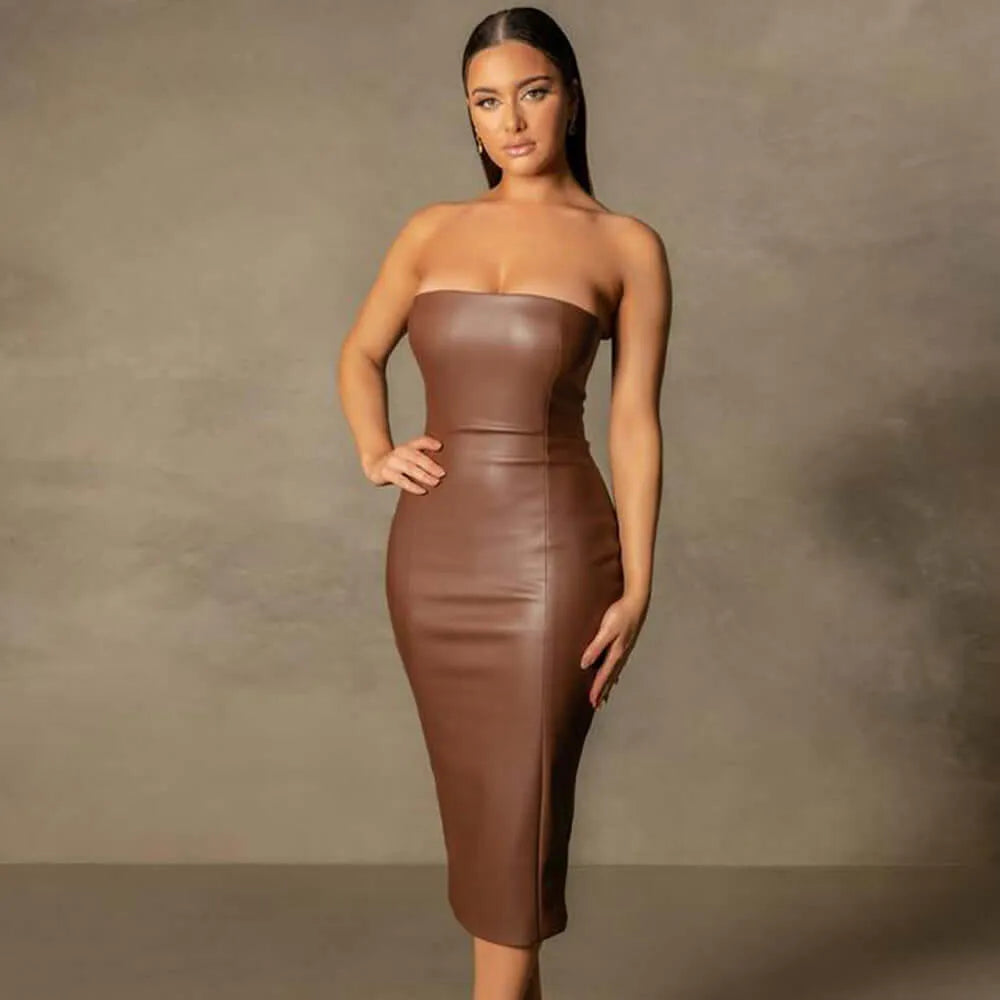 Faux Leather Tube Top Back Slit Sexy Midi Dress - Elite Intimates Lingerie