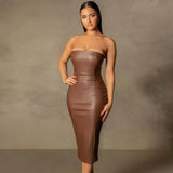 Midi dress crafted from faux leather, tube top style, and a daring back slit