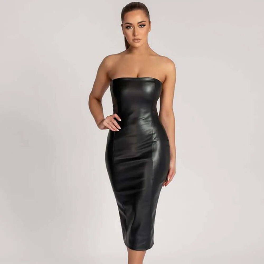 Seductive faux leather midi dress with tube top and back slit