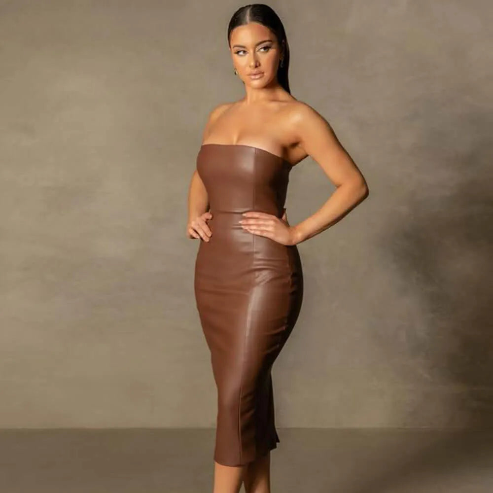 Faux Leather Tube Top Back Slit Sexy Midi Dress - Elite Intimates Lingerie
