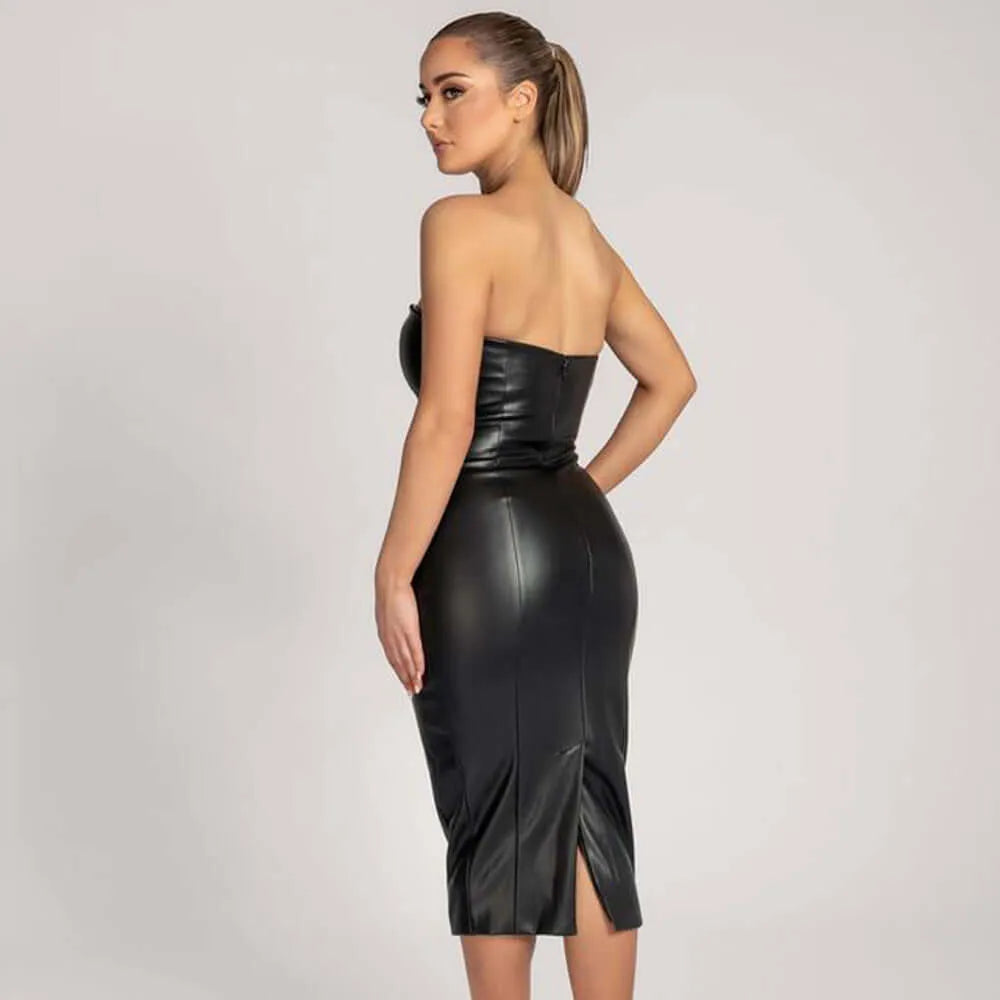 Faux Leather Tube Top Back Slit Sexy Midi Dress - Elite Intimates Lingerie