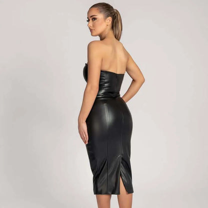 Faux Leather Tube Top Back Slit Sexy Midi Dress - Elite Intimates Lingerie