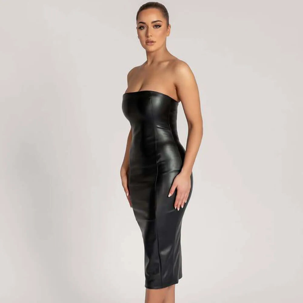 Faux Leather Tube Top Back Slit Sexy Midi Dress - Elite Intimates Lingerie