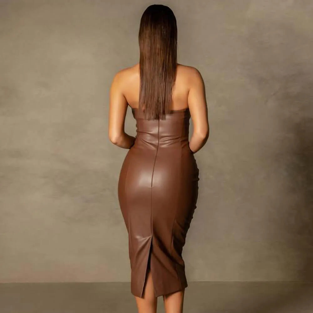 Faux Leather Tube Top Back Slit Sexy Midi Dress - Elite Intimates Lingerie