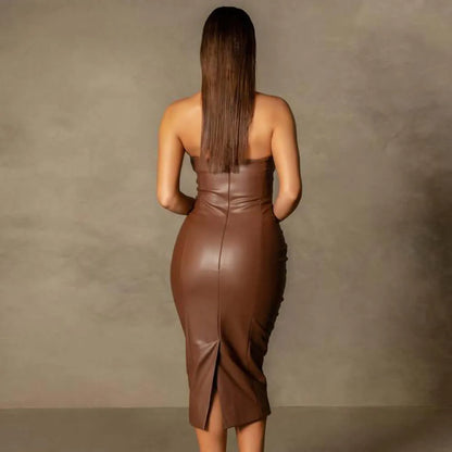 Faux Leather Tube Top Back Slit Sexy Midi Dress - Elite Intimates Lingerie