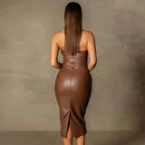 Sensual faux leather midi dress with tube top and back slit