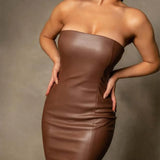 Faux leather tube top midi dress featuring a seductive back slit