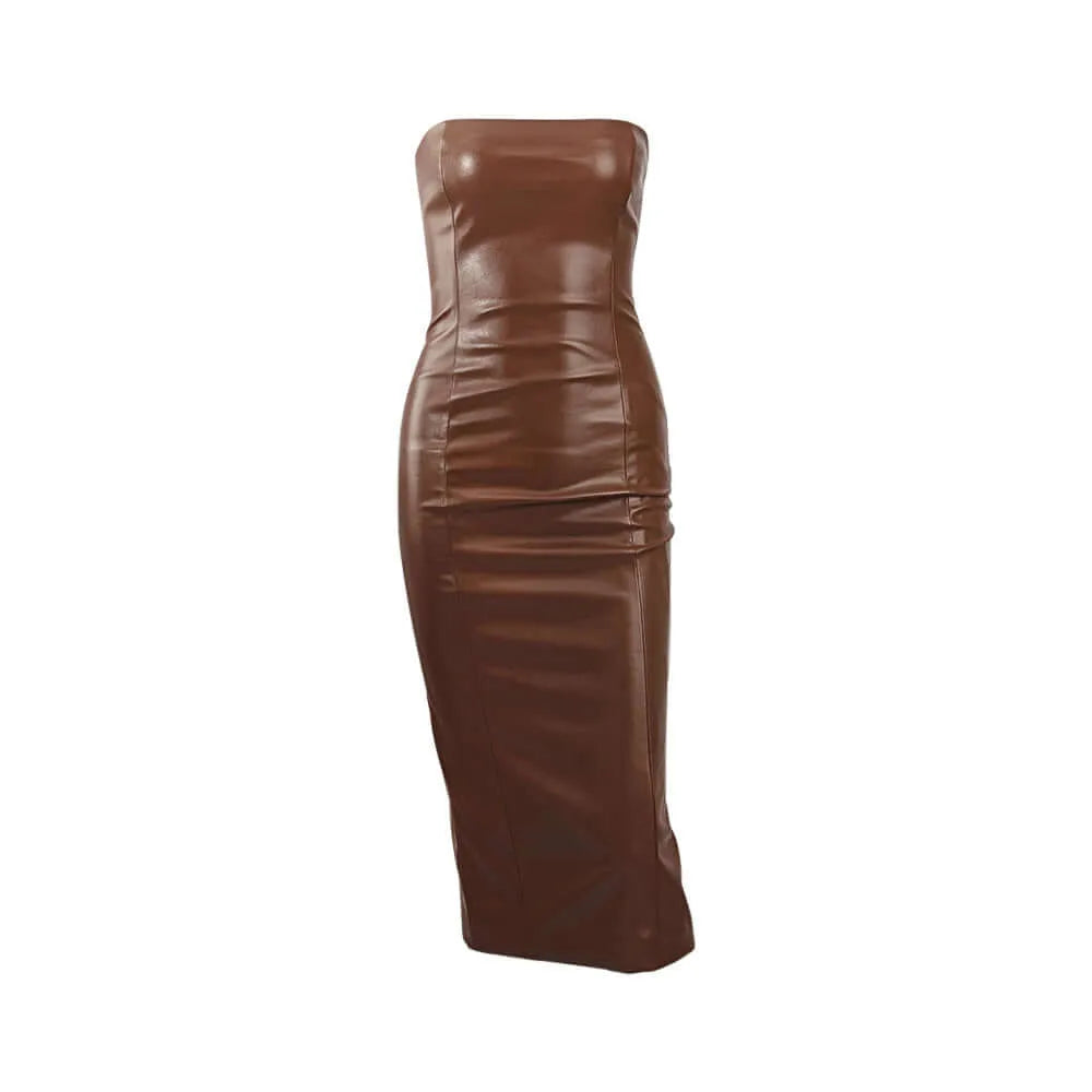 Faux Leather Tube Top Back Slit Sexy Midi Dress - Elite Intimates Lingerie