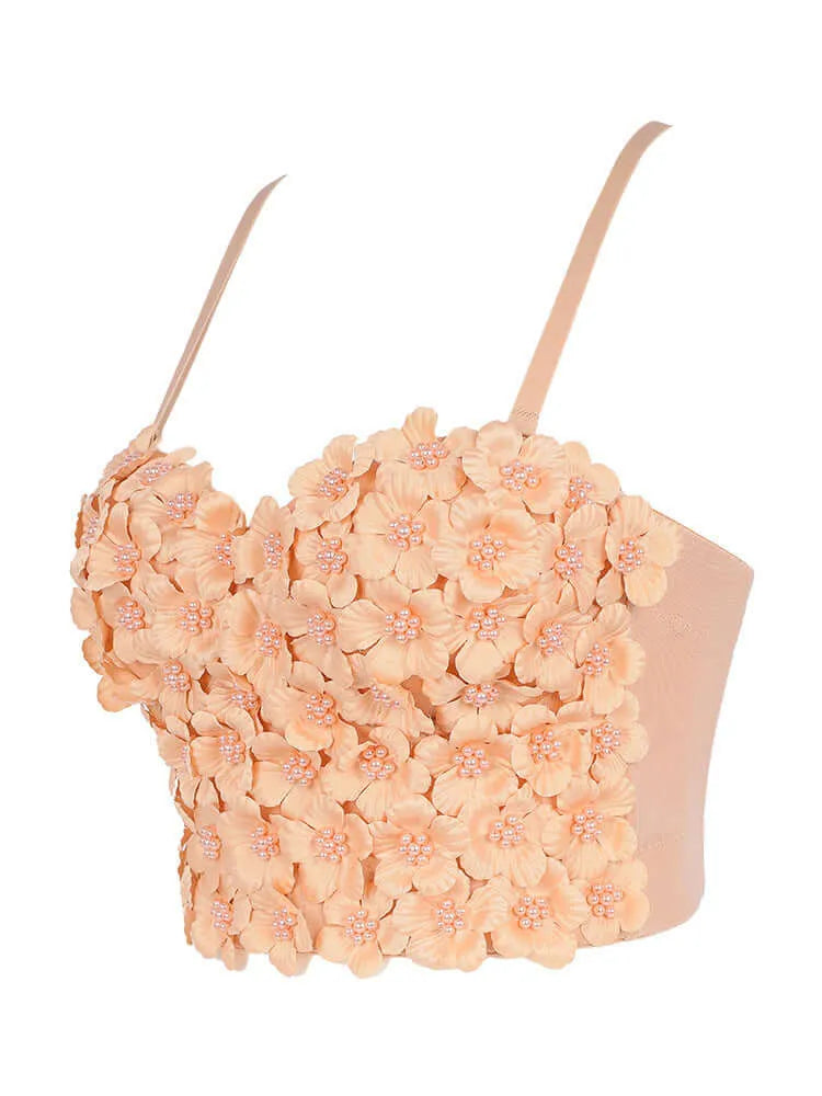 Pink Floral Beaded Boned Short Corset - Elite Intimates Lingerie