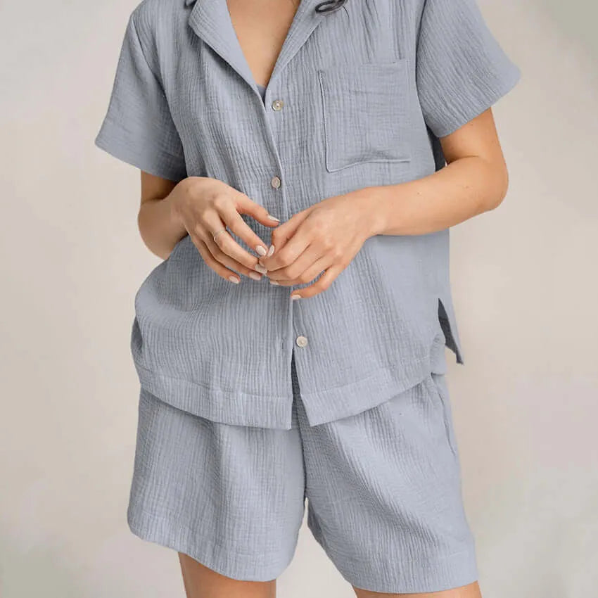 Lightweight Cotton Linen Button Up Shirt and Pant Pajama Set - Elite Intimates Lingerie