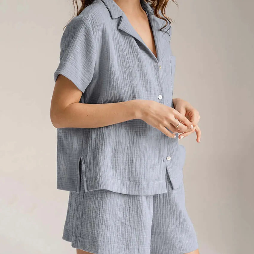 Lightweight Cotton Linen Button Up Shirt and Pant Pajama Set - Elite Intimates Lingerie