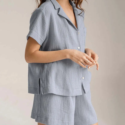 Lightweight Cotton Linen Button Up Shirt and Pant Pajama Set - Elite Intimates Lingerie