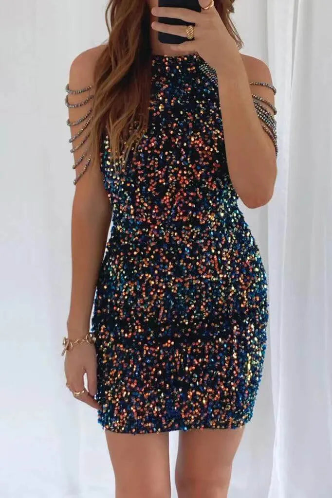 Crystal Halter Fringed Bodycon Dress - Elite Intimates Lingerie