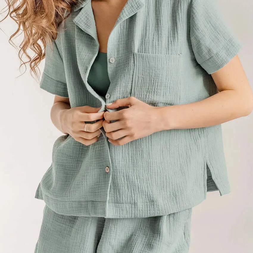 Lightweight Cotton Linen Button Up Shirt and Pant Pajama Set - Elite Intimates Lingerie