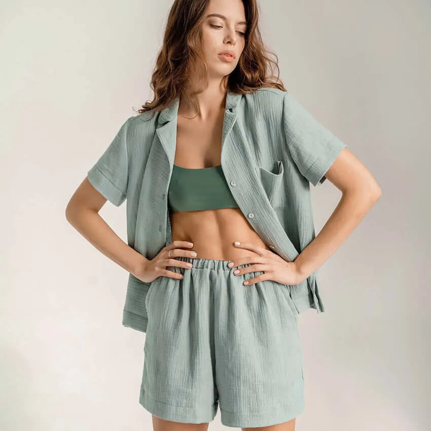 Lightweight Cotton Linen Button Up Shirt and Pant Pajama Set - Elite Intimates Lingerie