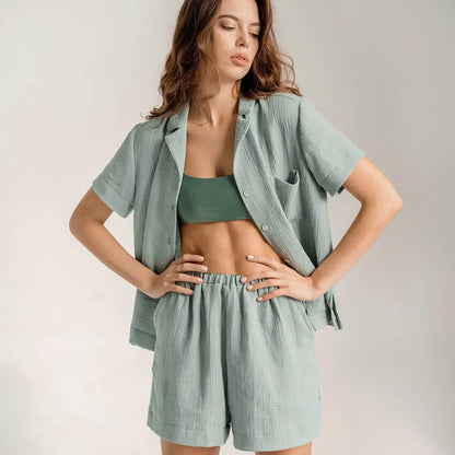 Lightweight Cotton Linen Button Up Shirt and Pant Pajama Set - Elite Intimates Lingerie