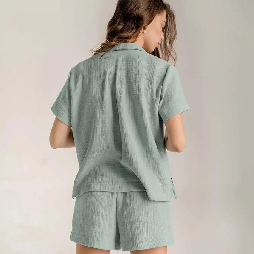 Lightweight Cotton Linen Button Up Shirt and Pant Pajama Set - Elite Intimates Lingerie