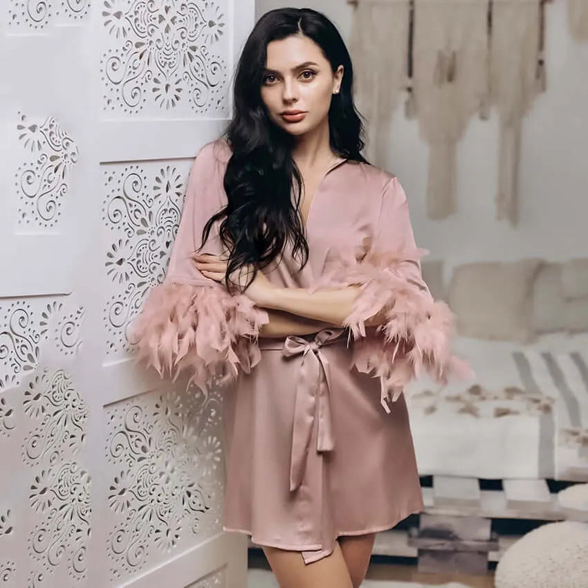 Satin Feathered Sleeved Robe