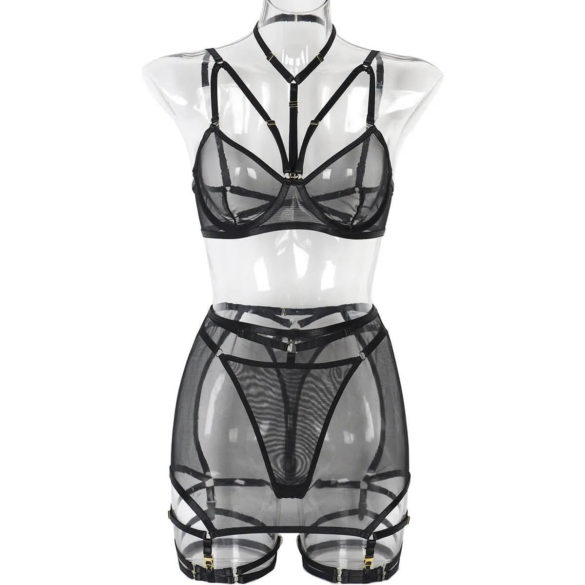 Bold Black Skirted Three Piece Lingerie Set