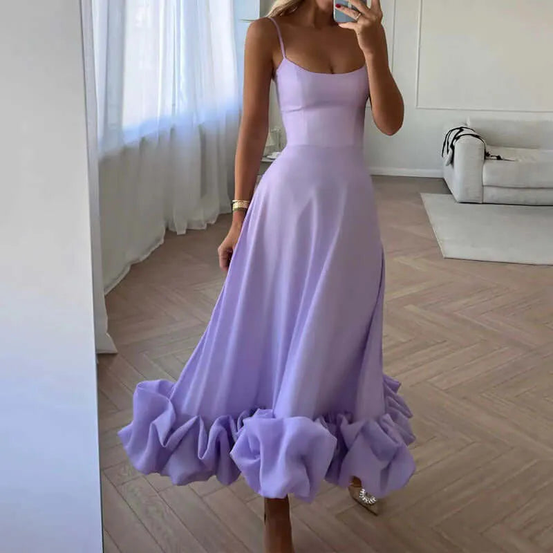 Purple Strappy Ruffled Midi Dress For Women
