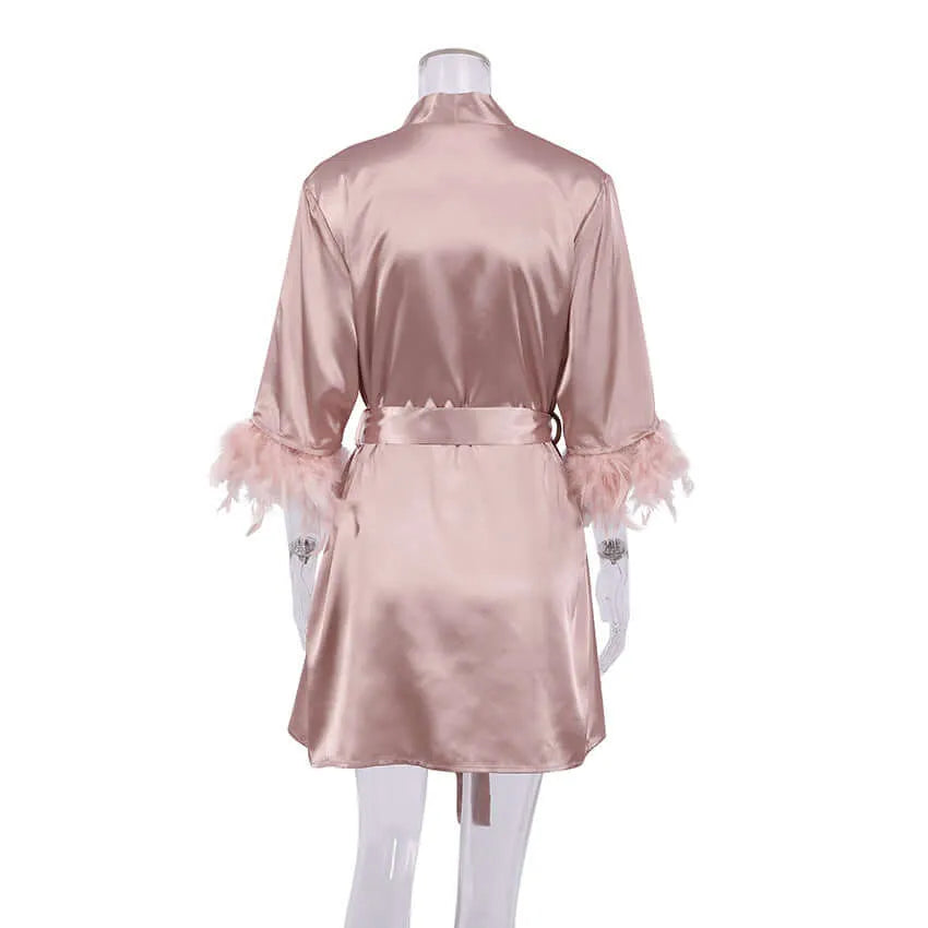 Dark Cream Satin Feathered Sleeved Robe