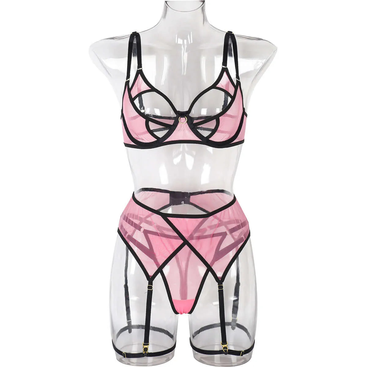 Light Pink Color Contrast Three Piece Lingerie Set